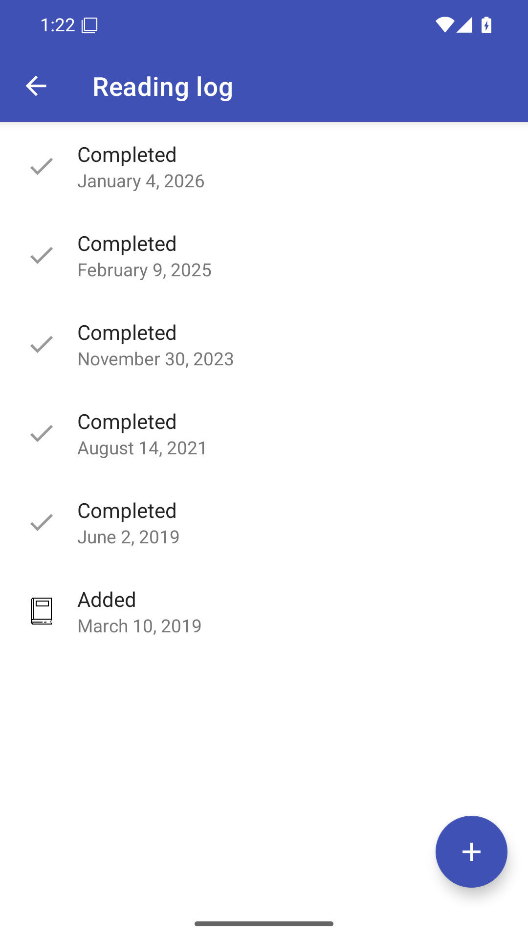 screenshot of the reading log